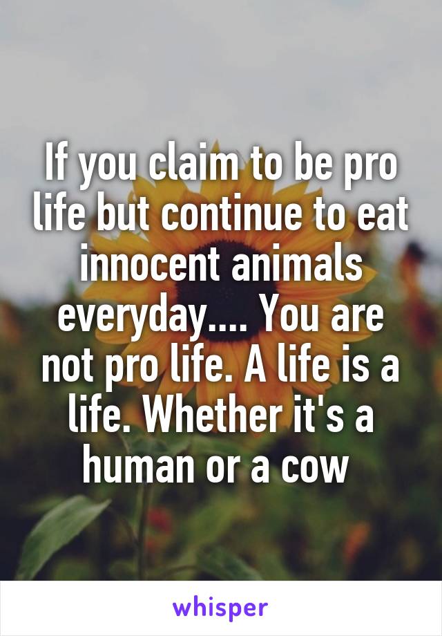 If you claim to be pro life but continue to eat innocent animals everyday.... You are not pro life. A life is a life. Whether it's a human or a cow 