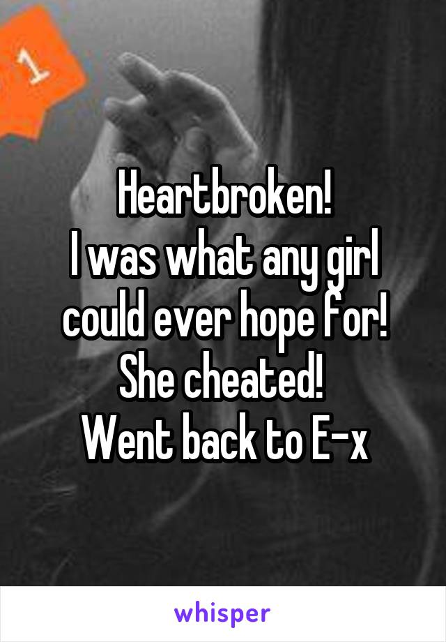 Heartbroken!
I was what any girl could ever hope for!
She cheated! 
Went back to E-x
