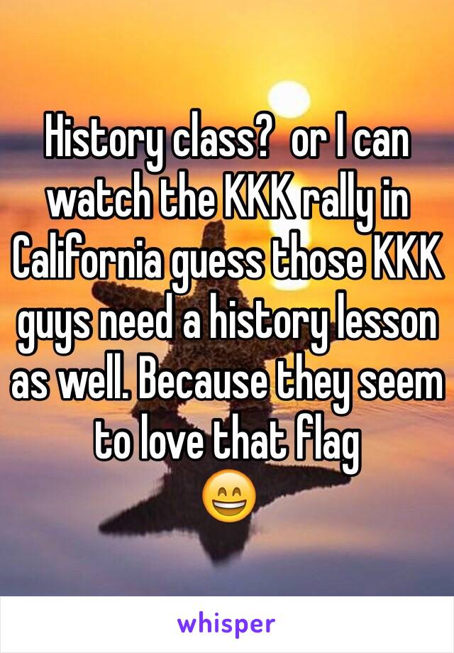 History class?  or I can watch the KKK rally in California guess those KKK guys need a history lesson as well. Because they seem to love that flag 
😄