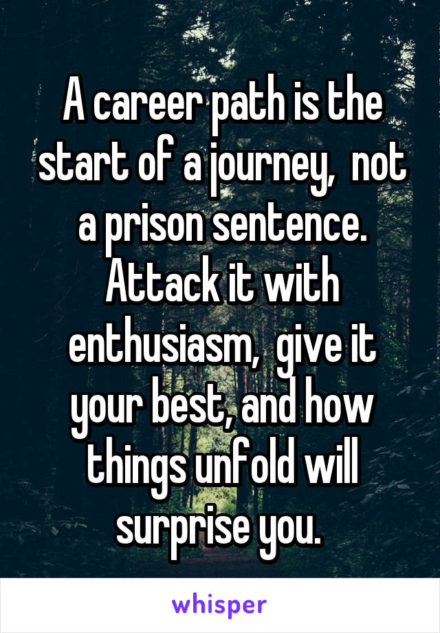 A career path is the start of a journey,  not a prison sentence. Attack it with enthusiasm,  give it your best, and how things unfold will surprise you. 