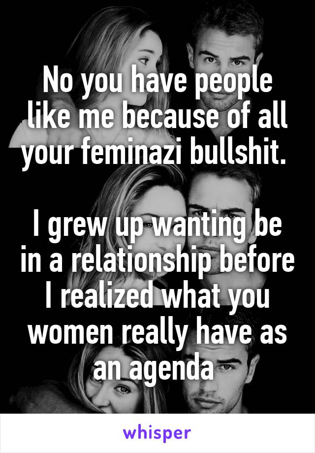 No you have people like me because of all your feminazi bullshit. 

I grew up wanting be in a relationship before I realized what you women really have as an agenda 