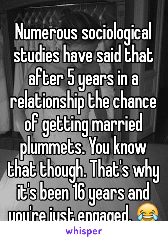 Numerous sociological studies have said that after 5 years in a relationship the chance of getting married plummets. You know that though. That's why it's been 16 years and you're just engaged. 😂