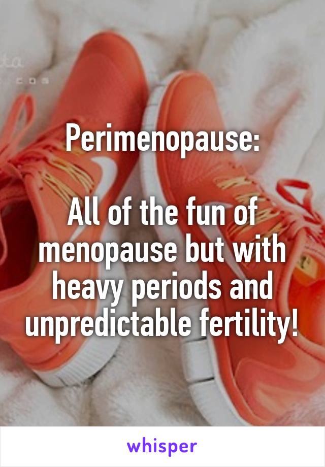 Perimenopause:

All of the fun of menopause but with heavy periods and unpredictable fertility!