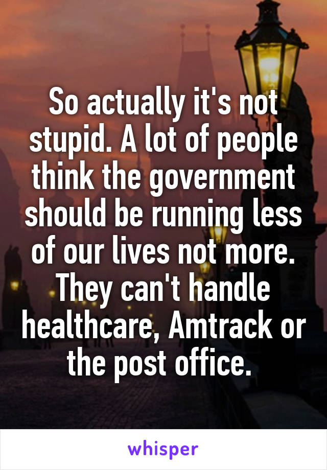 So actually it's not stupid. A lot of people think the government should be running less of our lives not more. They can't handle healthcare, Amtrack or the post office. 