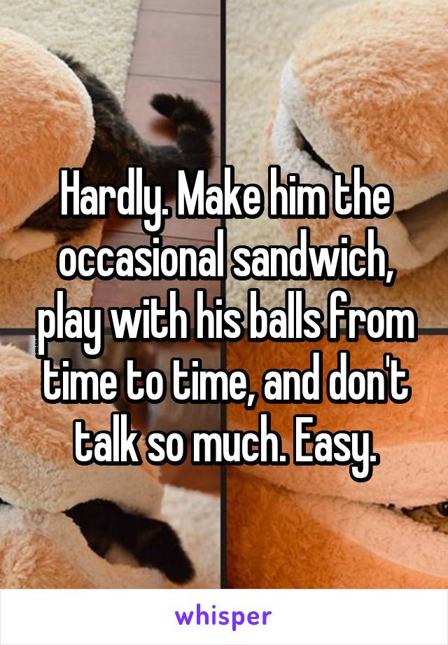 Hardly. Make him the occasional sandwich, play with his balls from time to time, and don't talk so much. Easy.