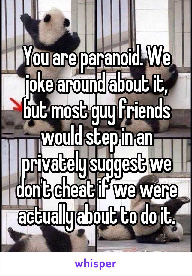 You are paranoid. We joke around about it, but most guy friends would step in an privately suggest we don't cheat if we were actually about to do it.