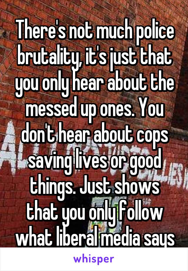 There's not much police brutality, it's just that you only hear about the messed up ones. You don't hear about cops saving lives or good things. Just shows that you only follow what liberal media says