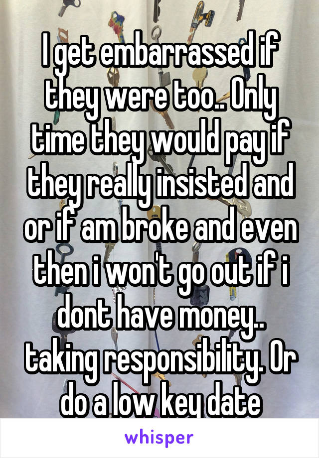 I get embarrassed if they were too.. Only time they would pay if they really insisted and or if am broke and even then i won't go out if i dont have money.. taking responsibility. Or do a low key date