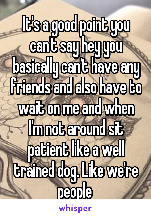 It's a good point you can't say hey you basically can't have any friends and also have to wait on me and when I'm not around sit patient like a well trained dog. Like we're people 