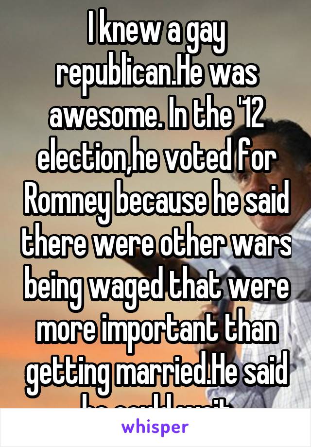 I knew a gay republican.He was awesome. In the '12 election,he voted for Romney because he said there were other wars being waged that were more important than getting married.He said he could wait