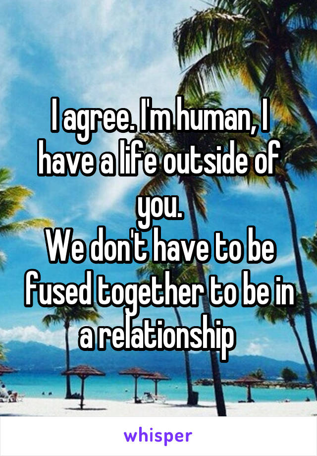 I agree. I'm human, I have a life outside of you.
We don't have to be fused together to be in a relationship 