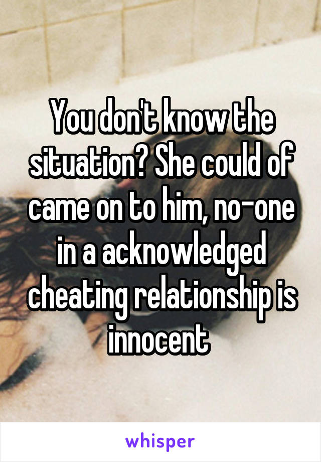 You don't know the situation? She could of came on to him, no-one in a acknowledged cheating relationship is innocent 