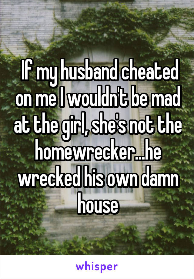  If my husband cheated on me I wouldn't be mad at the girl, she's not the homewrecker...he wrecked his own damn house