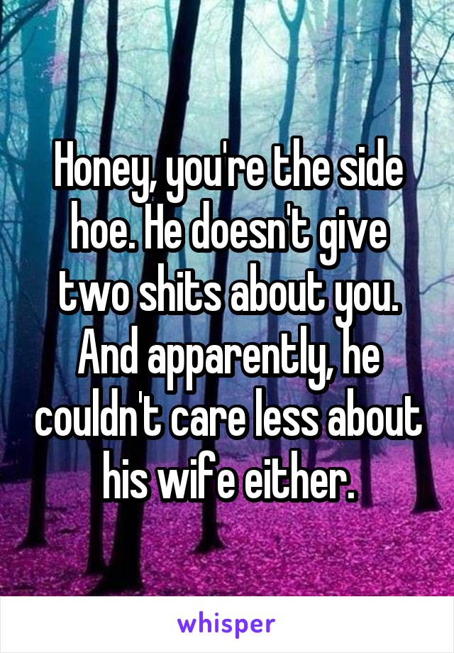 Honey, you're the side hoe. He doesn't give two shits about you. And apparently, he couldn't care less about his wife either.