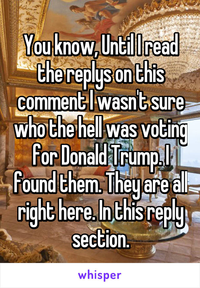 You know, Until I read the replys on this comment I wasn't sure who the hell was voting for Donald Trump. I found them. They are all right here. In this reply section.