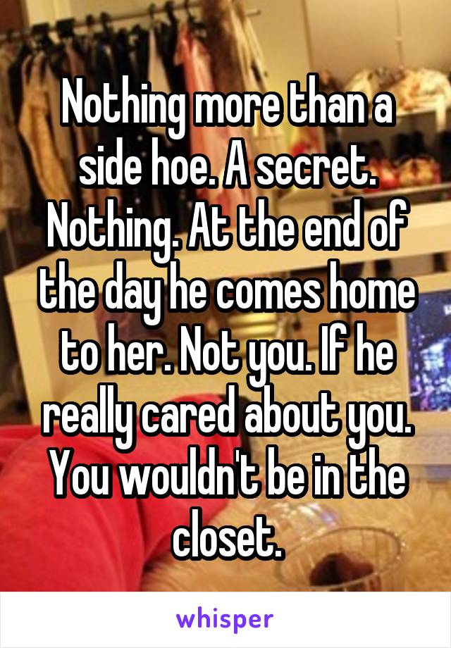 Nothing more than a side hoe. A secret. Nothing. At the end of the day he comes home to her. Not you. If he really cared about you. You wouldn't be in the closet.