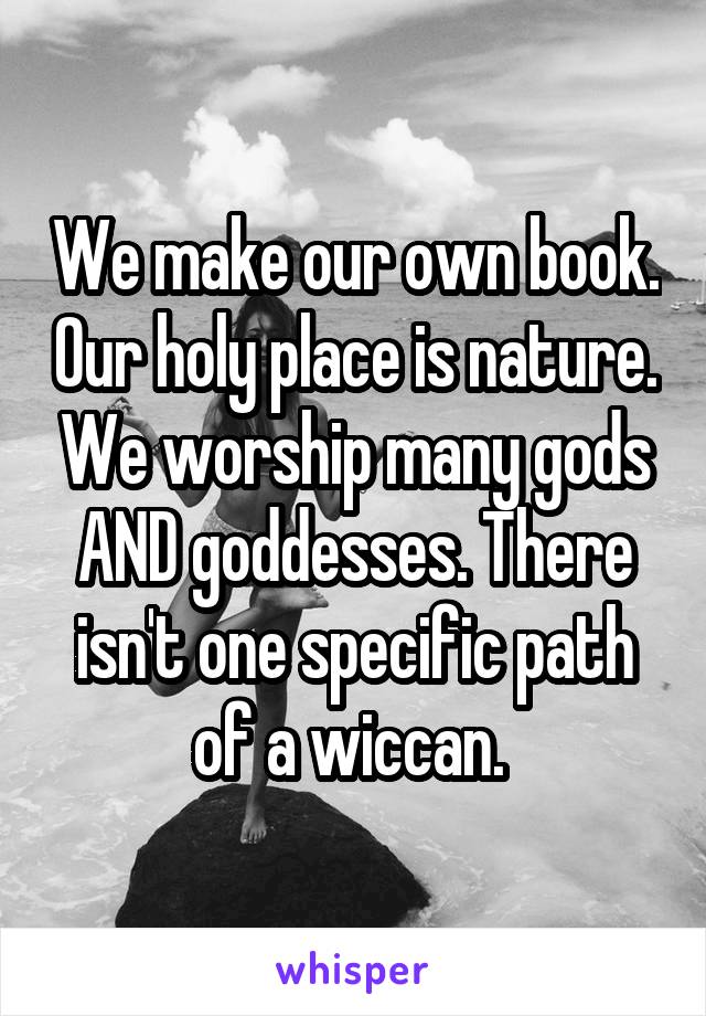 We make our own book. Our holy place is nature. We worship many gods AND goddesses. There isn't one specific path of a wiccan. 