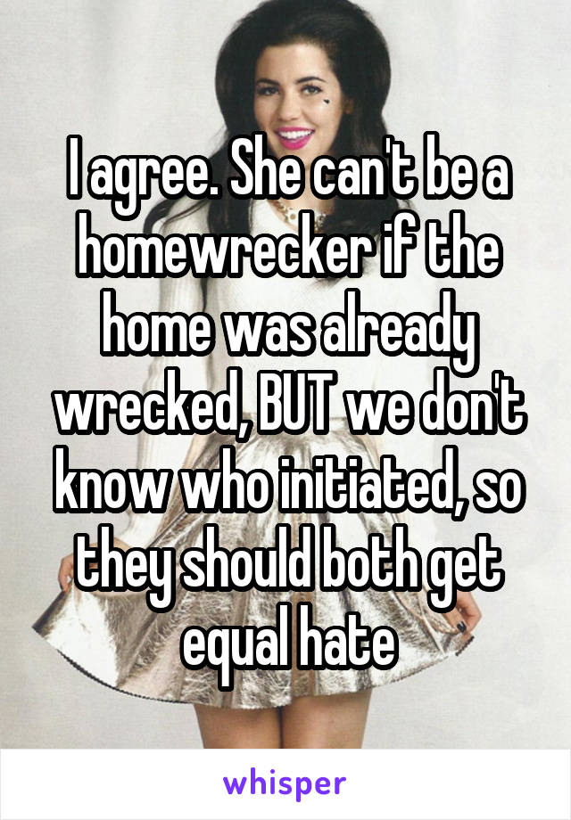 I agree. She can't be a homewrecker if the home was already wrecked, BUT we don't know who initiated, so they should both get equal hate