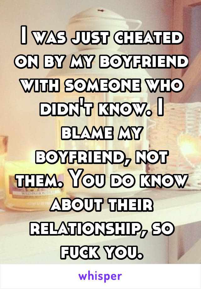 I was just cheated on by my boyfriend with someone who didn't know. I blame my boyfriend, not them. You do know about their relationship, so fuck you.