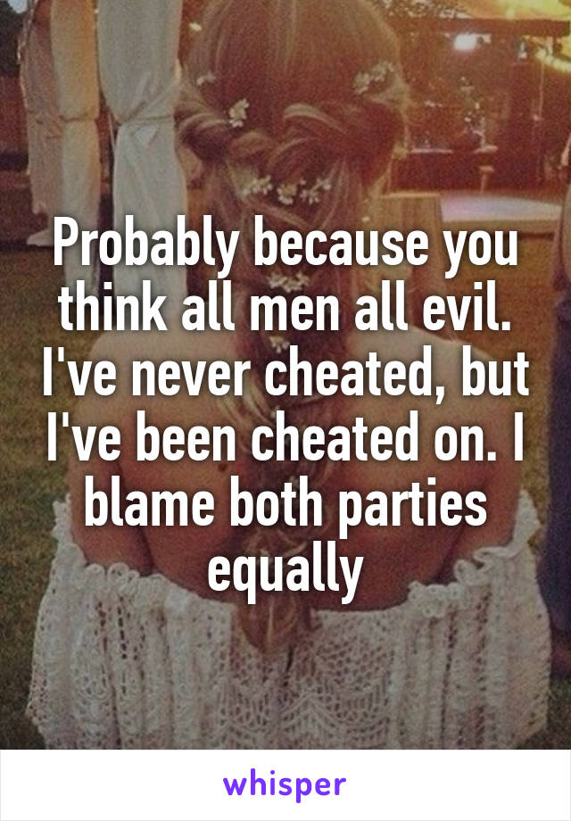 Probably because you think all men all evil. I've never cheated, but I've been cheated on. I blame both parties equally