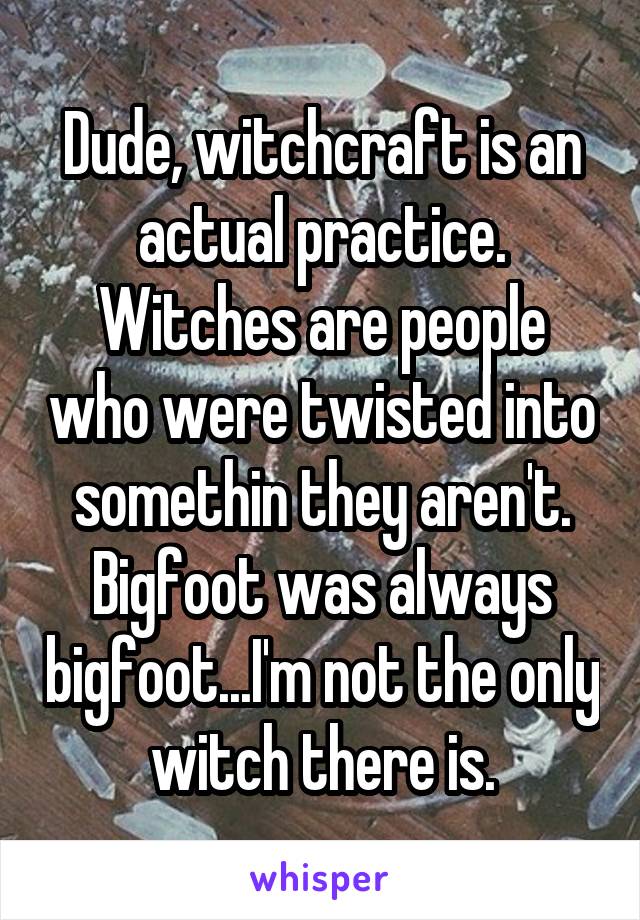 Dude, witchcraft is an actual practice. Witches are people who were twisted into somethin they aren't. Bigfoot was always bigfoot...I'm not the only witch there is.