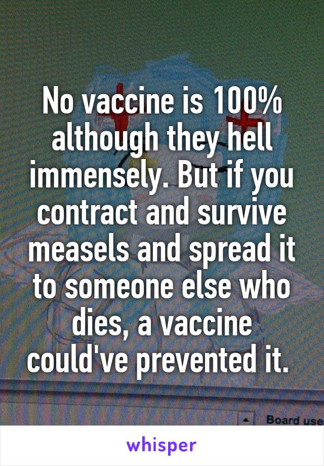 No vaccine is 100% although they hell immensely. But if you contract and survive measels and spread it to someone else who dies, a vaccine could've prevented it. 