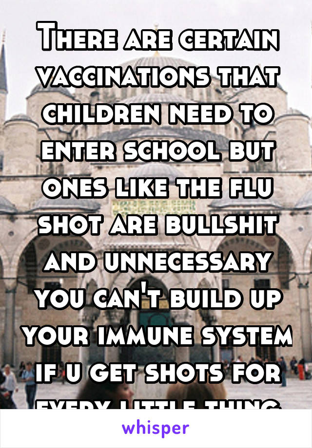 There are certain vaccinations that children need to enter school but ones like the flu shot are bullshit and unnecessary you can't build up your immune system if u get shots for every little thing