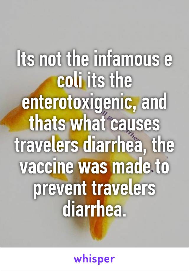 Its not the infamous e coli its the enterotoxigenic, and thats what causes travelers diarrhea, the vaccine was made to prevent travelers diarrhea.