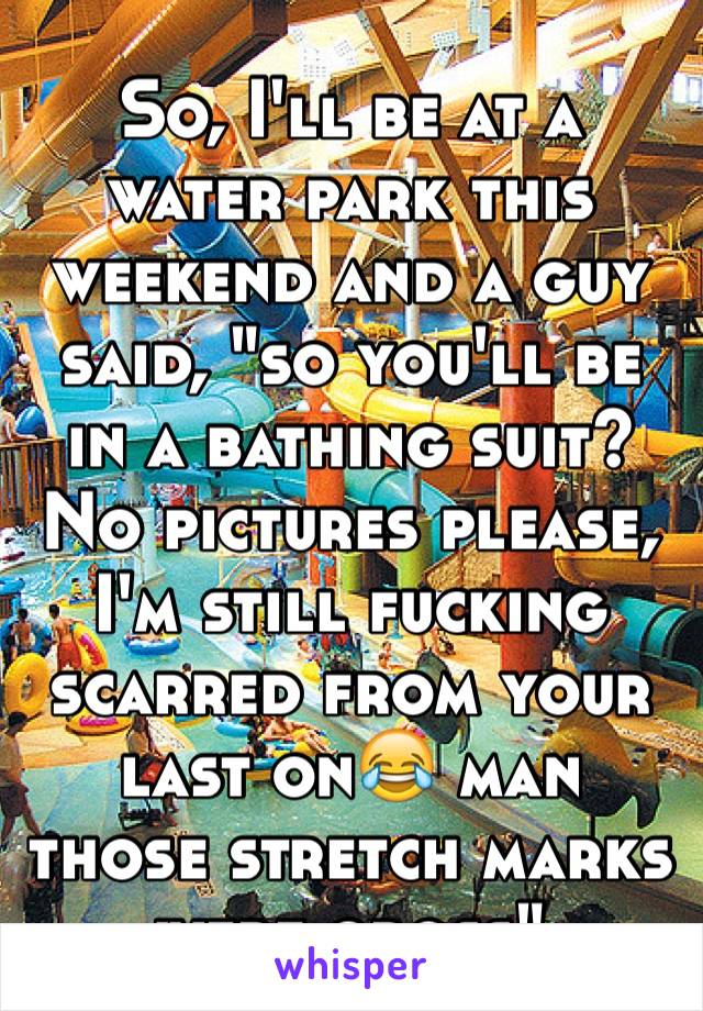 So, I'll be at a water park this weekend and a guy said, "so you'll be in a bathing suit? No pictures please, I'm still fucking scarred from your last on😂 man those stretch marks were gross"