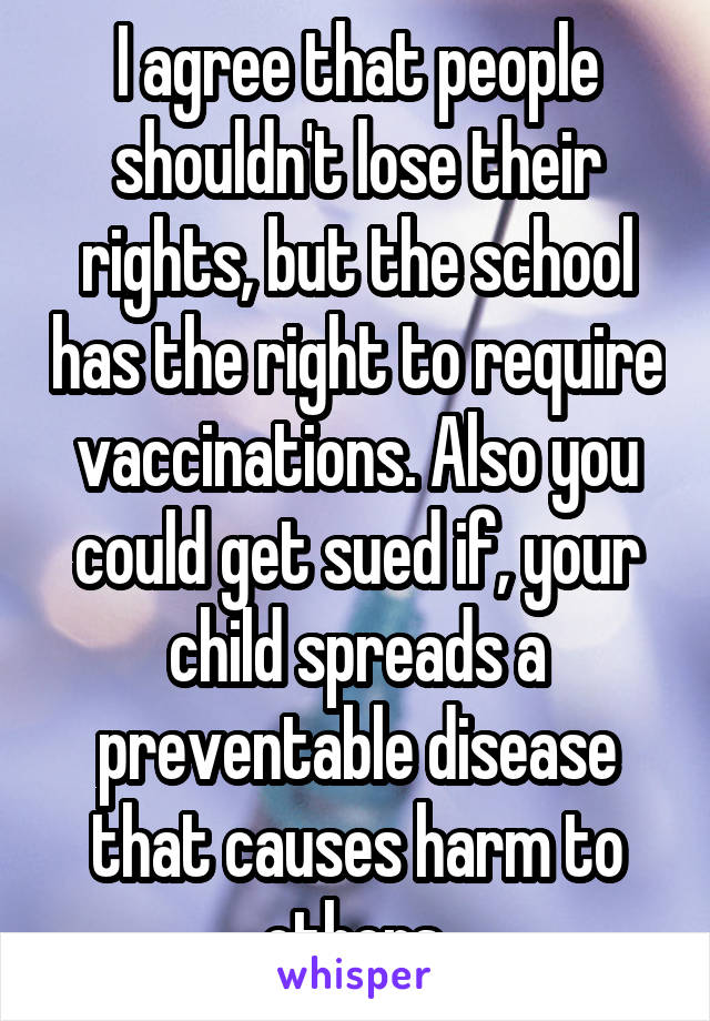 I agree that people shouldn't lose their rights, but the school has the right to require vaccinations. Also you could get sued if, your child spreads a preventable disease that causes harm to others.