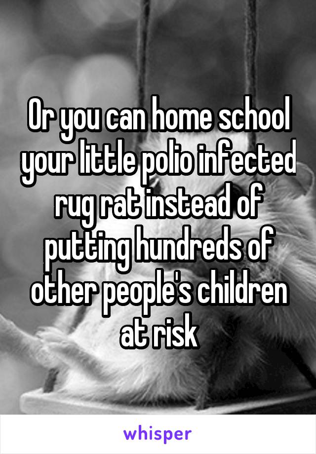 Or you can home school your little polio infected rug rat instead of putting hundreds of other people's children at risk