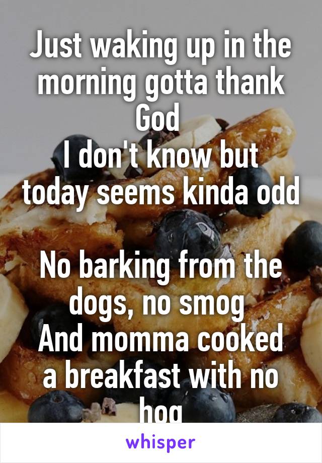 Just waking up in the morning gotta thank God 
I don't know but today seems kinda odd 
No barking from the dogs, no smog 
And momma cooked a breakfast with no hog