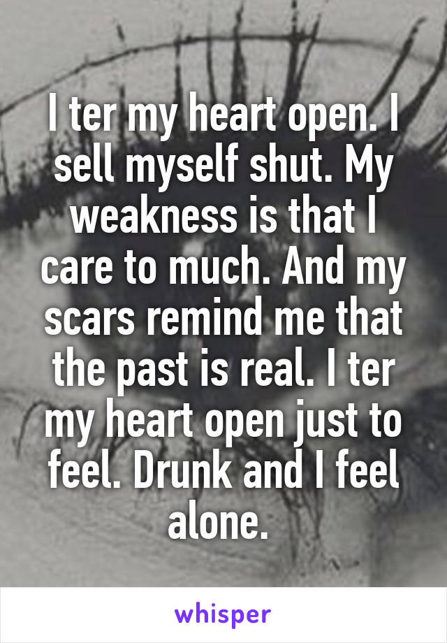 I ter my heart open. I sell myself shut. My weakness is that I care to much. And my scars remind me that the past is real. I ter my heart open just to feel. Drunk and I feel alone. 