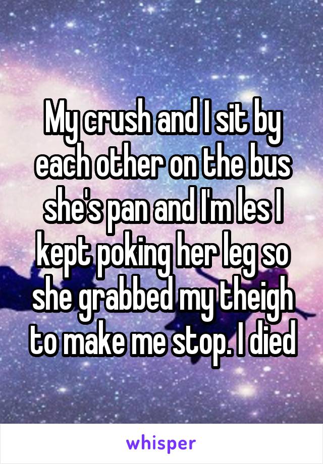 My crush and I sit by each other on the bus she's pan and I'm les I kept poking her leg so she grabbed my theigh to make me stop. I died