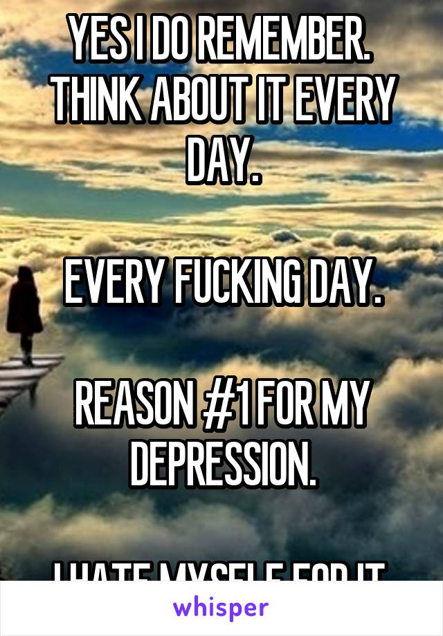 YES I DO REMEMBER. 
THINK ABOUT IT EVERY DAY.

EVERY FUCKING DAY.

REASON #1 FOR MY DEPRESSION.

I HATE MYSELF FOR IT.