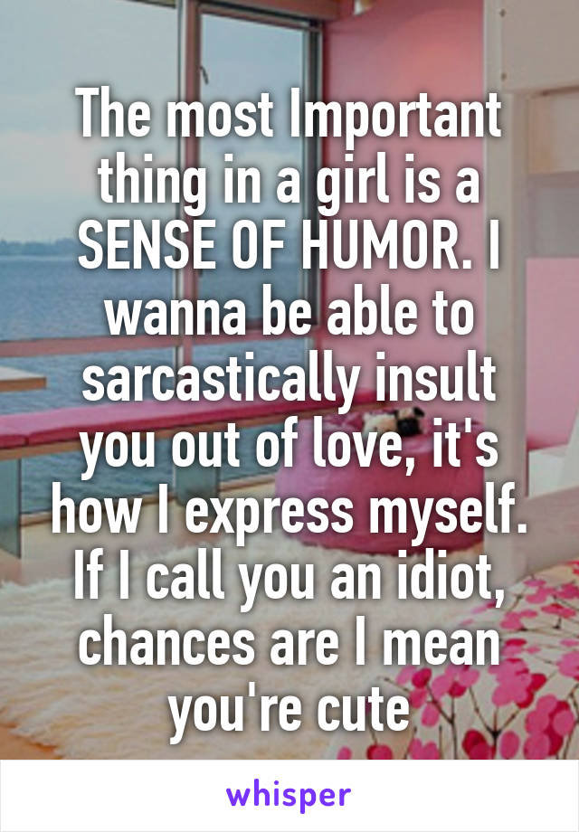 The most Important thing in a girl is a SENSE OF HUMOR. I wanna be able to sarcastically insult you out of love, it's how I express myself. If I call you an idiot, chances are I mean you're cute