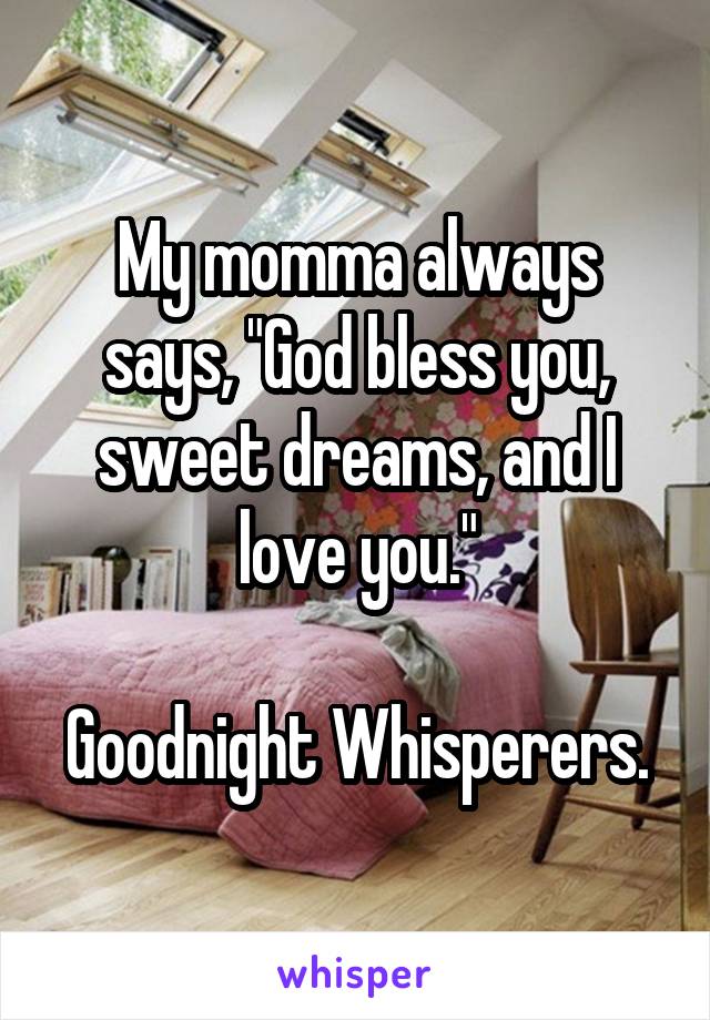 My momma always says, "God bless you, sweet dreams, and I love you."

Goodnight Whisperers.