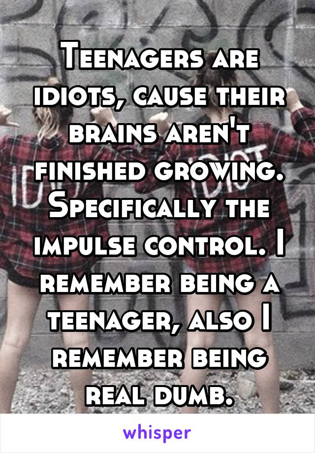 Teenagers are idiots, cause their brains aren't finished growing. Specifically the impulse control. I remember being a teenager, also I remember being real dumb.