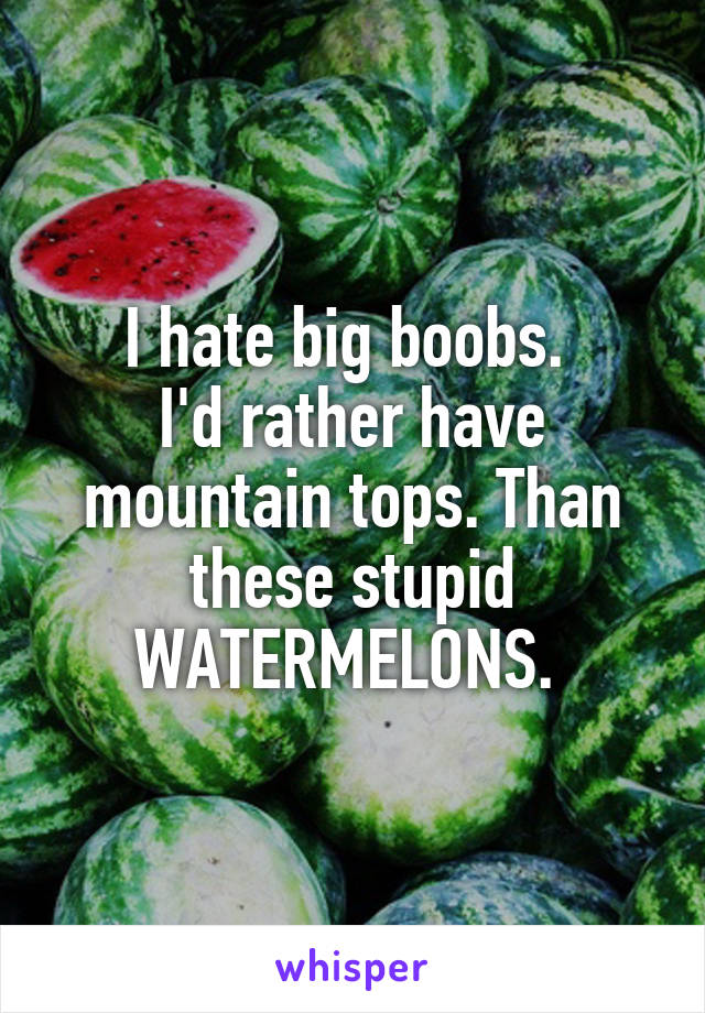 I hate big boobs. 
I'd rather have mountain tops. Than these stupid WATERMELONS. 