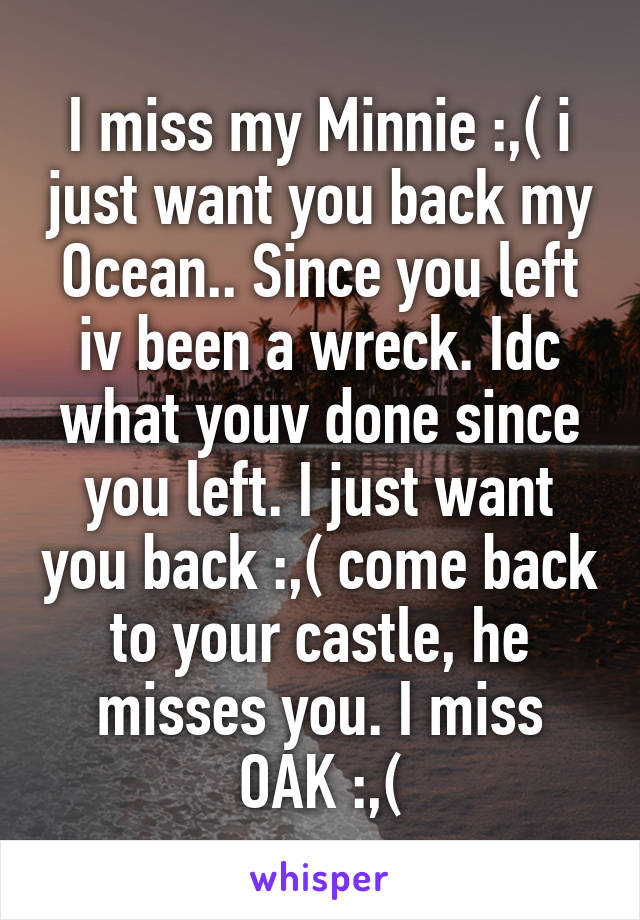 I miss my Minnie :,( i just want you back my Ocean.. Since you left iv been a wreck. Idc what youv done since you left. I just want you back :,( come back to your castle, he misses you. I miss OAK :,(