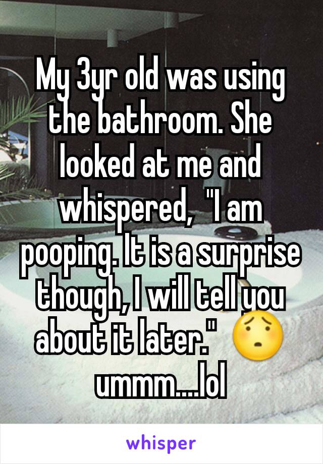 My 3yr old was using the bathroom. She looked at me and whispered,  "I am pooping. It is a surprise though, I will tell you about it later."  😯 ummm....lol