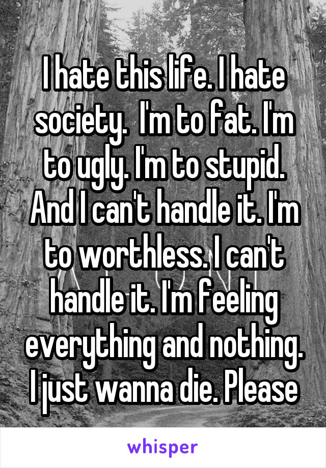 I hate this life. I hate society.  I'm to fat. I'm to ugly. I'm to stupid. And I can't handle it. I'm to worthless. I can't handle it. I'm feeling everything and nothing. I just wanna die. Please