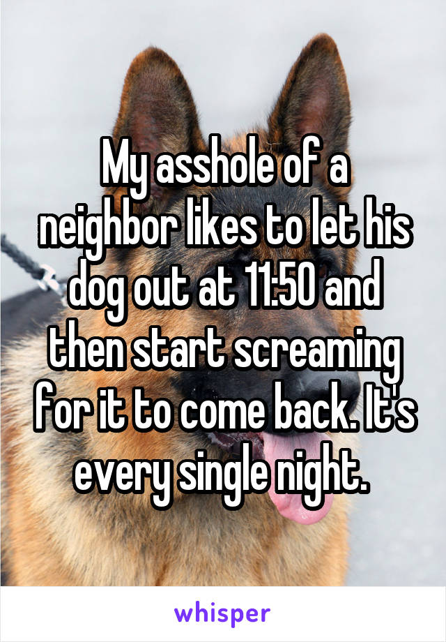 My asshole of a neighbor likes to let his dog out at 11:50 and then start screaming for it to come back. It's every single night. 