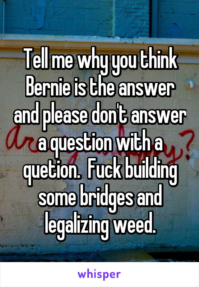 Tell me why you think Bernie is the answer and please don't answer a question with a quetion.  Fuck building some bridges and legalizing weed.