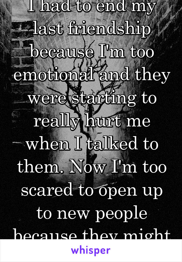 I had to end my last friendship because I'm too emotional and they were starting to really hurt me when I talked to them. Now I'm too scared to open up to new people because they might do the same.