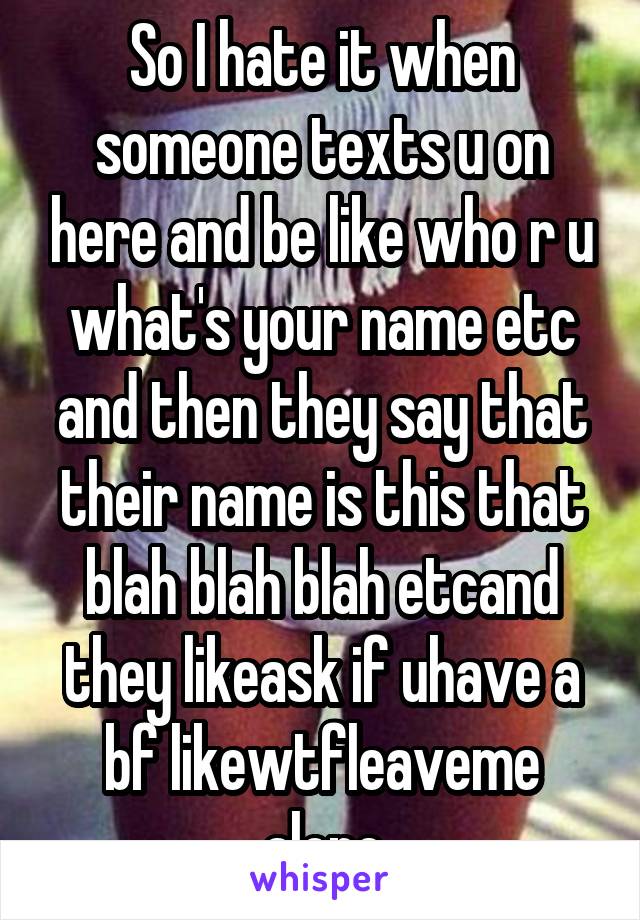 So I hate it when someone texts u on here and be like who r u what's your name etc and then they say that their name is this that blah blah blah etcand they likeask if uhave a bf likewtfleaveme alone