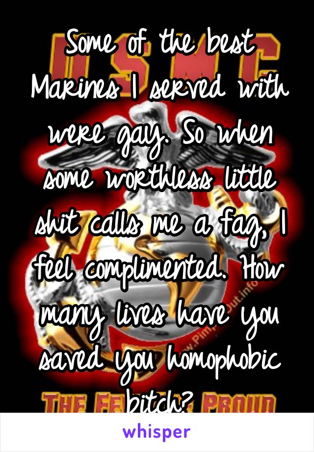 Some of the best Marines I served with were gay. So when some worthless little shit calls me a fag, I feel complimented. How many lives have you saved you homophobic bitch?