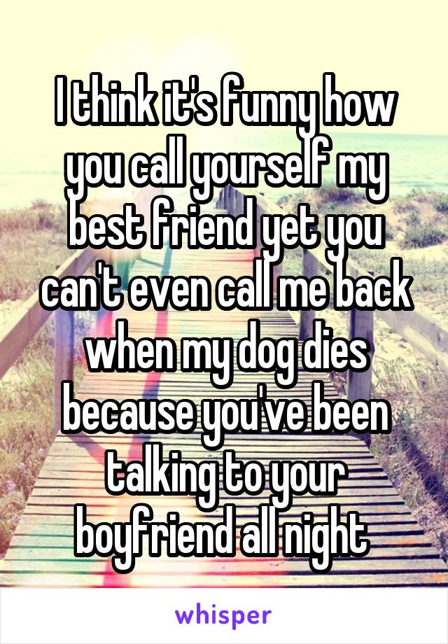 I think it's funny how you call yourself my best friend yet you can't even call me back when my dog dies because you've been talking to your boyfriend all night 