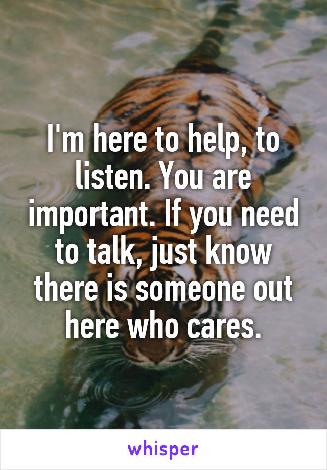 I'm here to help, to listen. You are important. If you need to talk, just know there is someone out here who cares.