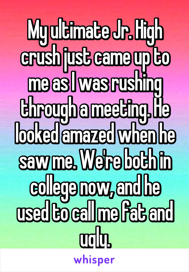 My ultimate Jr. High crush just came up to me as I was rushing through a meeting. He looked amazed when he saw me. We're both in college now, and he used to call me fat and ugly.